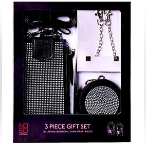 Crossbody Cell Purse 3 Pc Gift Set Rhinestone Black Bag + Accessories NEW In Box
